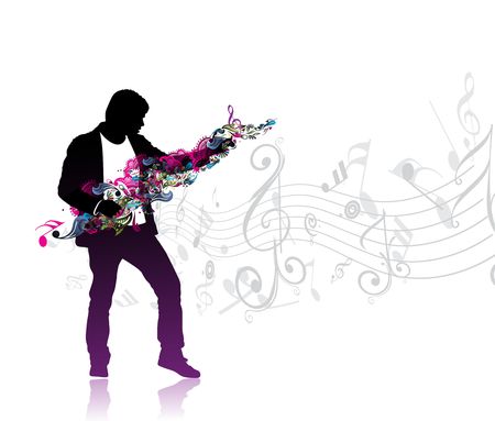 silhouetted a man enjoy music in music note wave background, vector illustrationのイラスト素材