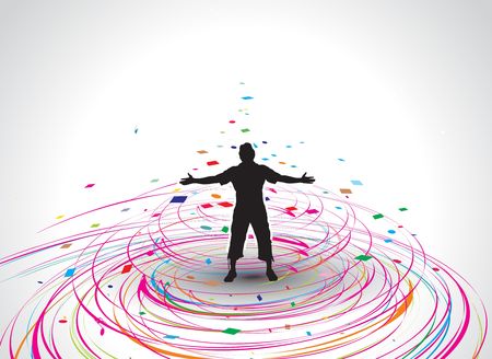  A young man raising his hands vector silhouette in rainbow mosaic wave line , vector illustration
のイラスト素材