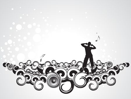 silhouetted a young man enjoy music in swirl wave background, vector illustration. No mesh in this Vectorのイラスト素材
