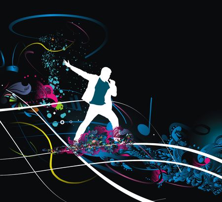 Silhouettes of  of Rock man and sings into the mic wave line, vector illustrationのイラスト素材
