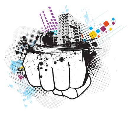 grunge hand punch with urban city backgroundのイラスト素材