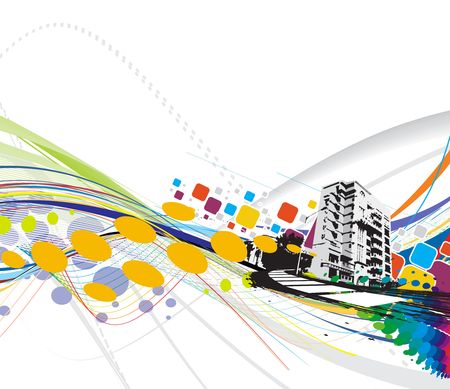 abstract grunge urban city on a rainbow wave line background, illustrationのイラスト素材