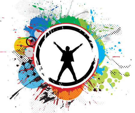 silhouetted of young man with grunge banner background isolated on white,  illustration のイラスト素材