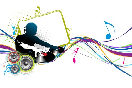 Abstract vector illustration of an dj man playing tunes with music note background.のイラスト素材