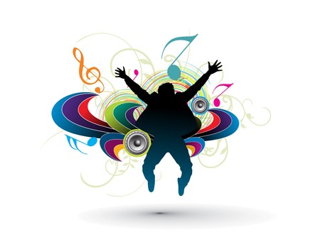 silhouette of a young happy man jumping in music background,  illustration のイラスト素材