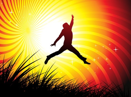 silhouette of young man jumping on the field, All elements are individual objects and no mesh and no flattened transparencies. のイラスト素材