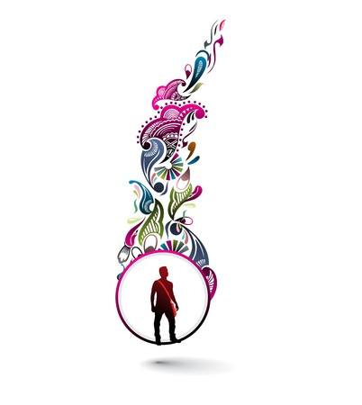 silhouette of young standing boy with floral retro circle background, illustration.のイラスト素材