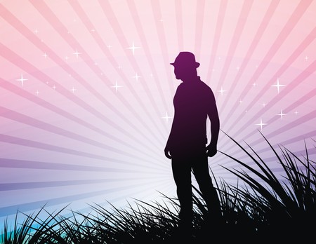 silhouetted a young cowboy against a bright and colorful sunset sky, illustration のイラスト素材