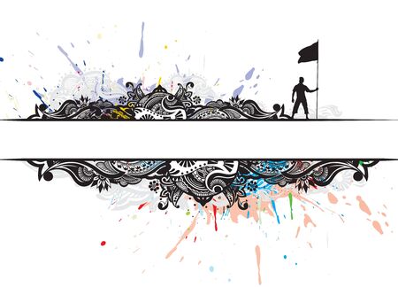 A young man holding a black flag with space of your text banner,  illustration のイラスト素材
