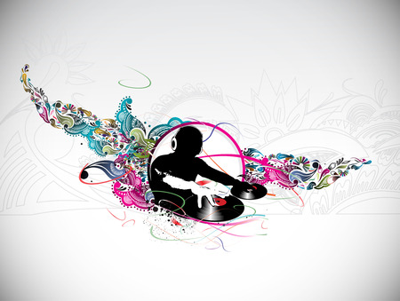 Abstract   illustration of an dj man playing tunes with music note background. のイラスト素材