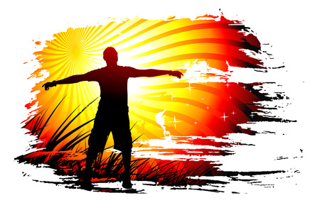 Young man raising his hands, Vector illustration.のイラスト素材