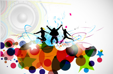 A group of very happy people isolated on white music background.のイラスト素材