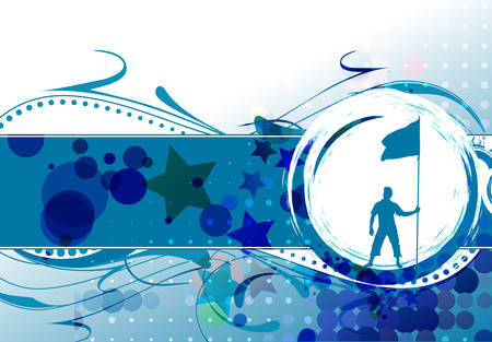 A young man holding a blank flag on the circle background.のイラスト素材