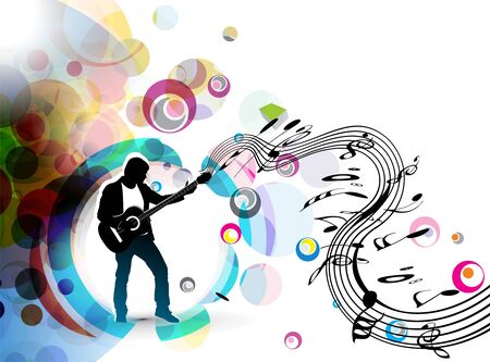 A musician man playing a guitar with musical notes background.のイラスト素材