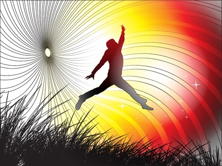 A young man is jumping in field, vector illustration.のイラスト素材