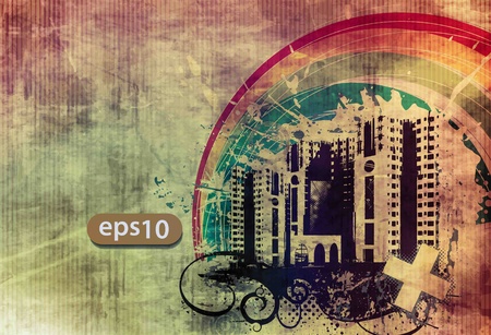 vector city scape,urban scene with grunge texture backgroundのイラスト素材