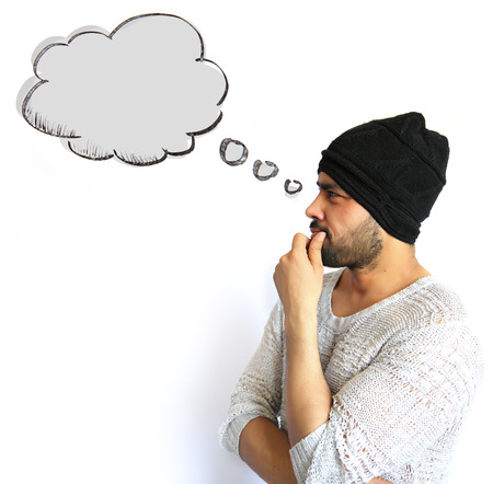 Young Indian Man thinking of thought bubble on white Background