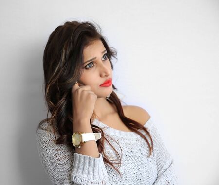 Attractive indian brunette woman isolated on white backgroundの写真素材