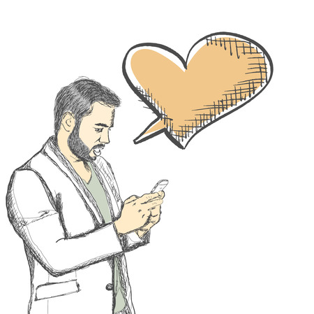 Hand Drawn sketch illustration of handsome young man checking email, chatting, internet browsing, on Mobile against a white background with heart shape bubbleのイラスト素材