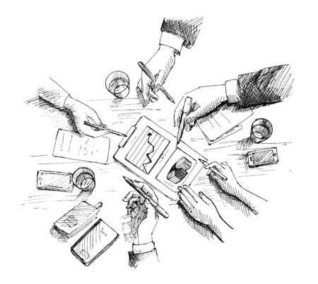 Hand Drawn vector illustration of Corporate meeting, planning and teamwork. Top view concept with businessman hands and various office objects.のイラスト素材