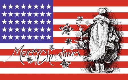 Merry Christmas! Cartoon Style Hand Sketchy drawing of a funny Santa Claus holding gift pack with USA flag background, vector illustrationのイラスト素材