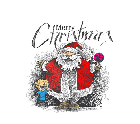 Merry Christmas! Cartoon Style Hand Sketchy drawing of a funny Santa Claus Holding Candy with little cute baby, vector illustrationのイラスト素材