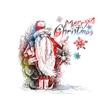 Merry Christmas! Cartoon Style Hand Sketchy drawing of a funny Santa Claus holding gift pack with colorful snow line art background, vector illustrationのイラスト素材
