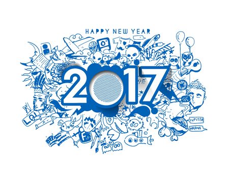 Happy new year 2017 Doodle design elements for holiday cards, for decorations Vector Illustration...