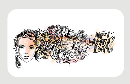 Happy Women's Day greeting card design. Hand Drawn Sketch illustration.のイラスト素材
