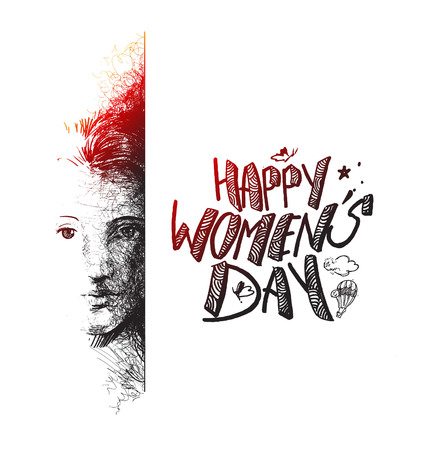 Happy Women's Day greeting card design. Hand Drawn Sketch illustration.のイラスト素材