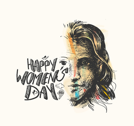 Happy Women's Day greeting card design. Hand Drawn Sketch illustration.のイラスト素材
