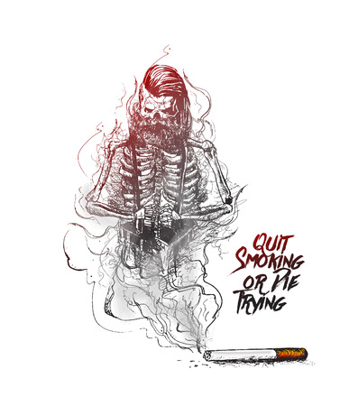Burning cigarette as a hipster skull shaped design with deadly smoke symbolizing that Quit Smoking or Die Trying. Vector Illustration isolated on White Background.のイラスト素材
