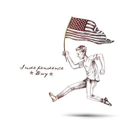 Man with the American flag running towards the dream, Hand Drawn Vector Background.のイラスト素材