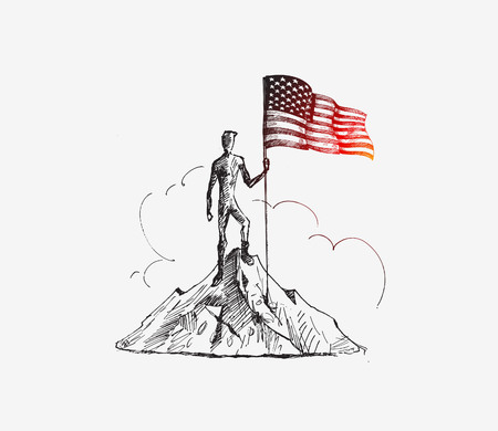 Climber with Usa flag conquering top of mountain. Hand Drawn Sketch Vector Background.のイラスト素材