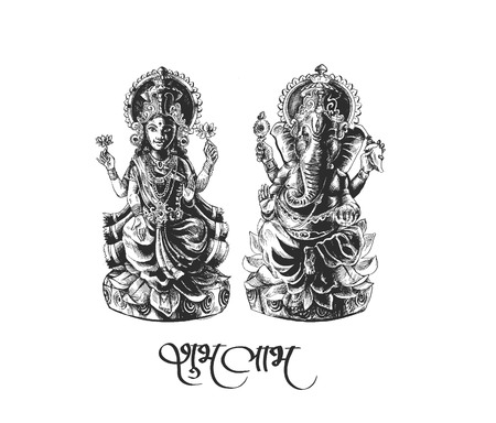 Hindu God Laxmi Ganesh at Diwali Festival, Hand Drawn Sketch Vector .のイラスト素材
