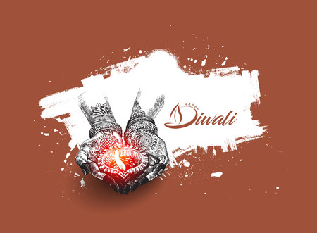 Hand holding Indian oil lamp - diya, Diwali festival, Hand Drawn Sketch Vector.のイラスト素材