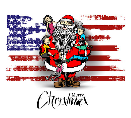  Little cute boy and girls hugging Santa Claus - Christmas Scene. vector illustration.のイラスト素材