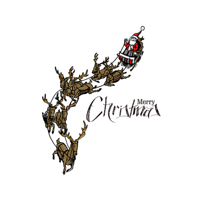 Santa Claus rides reindeer sleigh flying in the white background, vector illustration.のイラスト素材