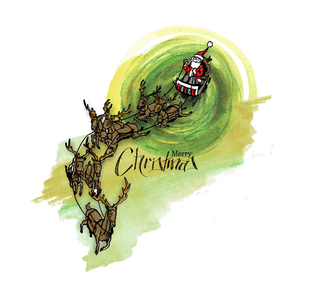 Santa Claus rides reindeer sleigh flying in the white background, vector illustration.のイラスト素材