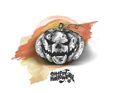 Happy Halloween pumpkin isolated on paint background, Hand Drawn Sketch Vector illustration.のイラスト素材
