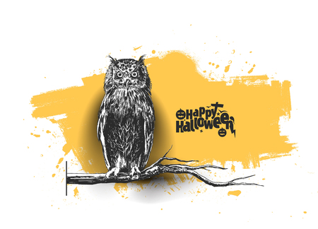 Owl sitting on branch Halloween background , Hand Drawn Sketch Vector.のイラスト素材