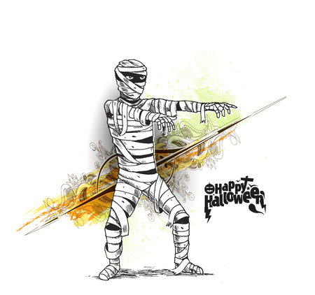  Halloween poster design With Mummy zombie costume, Hand Drawn Sketch Vector Background.のイラスト素材