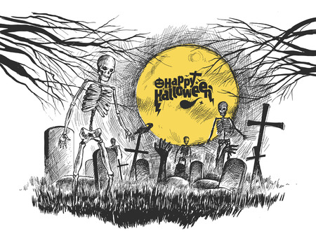 Scary graveyard - Halloween white background, Hand Drawn Sketch Vector illustration.のイラスト素材