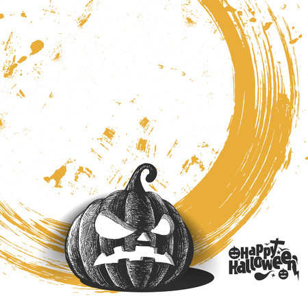 Happy Halloween pumpkin isolated on yellow background, Hand Drawn Sketch Vector illustration.のイラスト素材