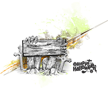 Scary Halloween background with a wooden sign isolated white background, Hand Drawn Sketch Vector illustration.のイラスト素材