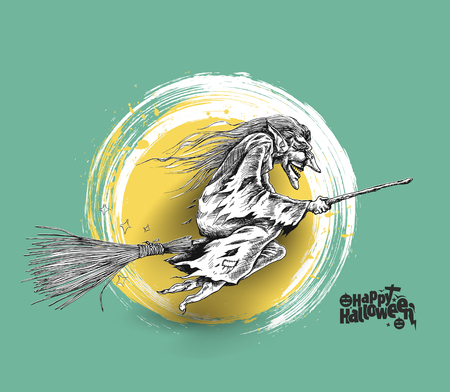 Flying Halloween Witch isolated on green background, Hand Drawn Sketch Vector illustration.のイラスト素材
