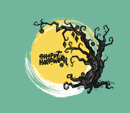 Spooky silhouette of Halloween tree - vector illustration.のイラスト素材