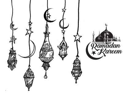 Eid Mubarak background with beautiful illuminated arabic lamp and hand drawn calligraphy lettering. Vector illustration.のイラスト素材
