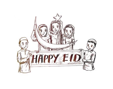 Happy Muslim children with Ramadan icons, vector illustration.のイラスト素材