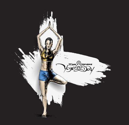 Man practicing yoga pose, 21st june international yoga day, vector illustration.のイラスト素材